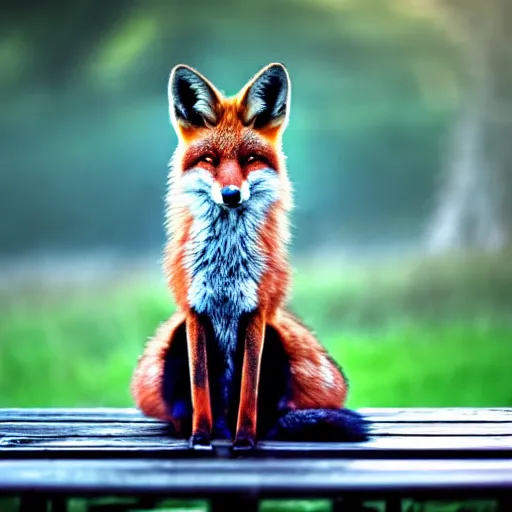 Prompt: Blue hour photography, a fox sitting on a bench, cool twilight lighting, 5am