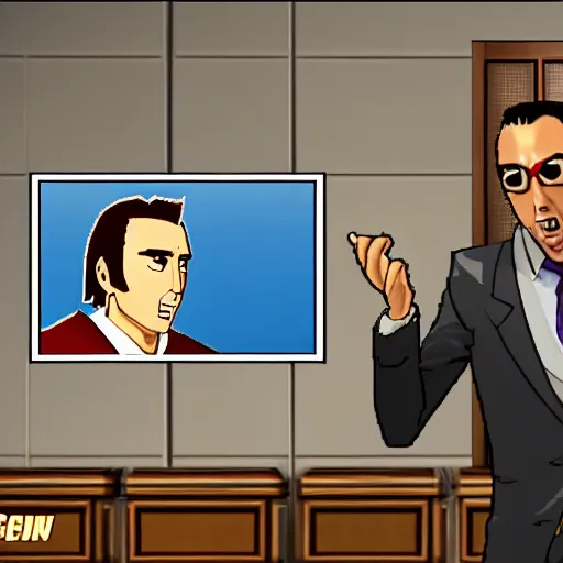 Prompt: nic cage as phoenix wright yelling objection!, in game screenshot, hd digital pixel art