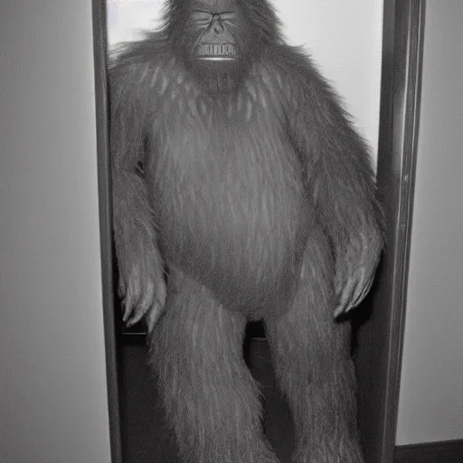 Prompt: grainy photo of bigfoot as a creepy monster in a closet, harsh flash