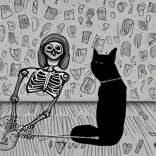 Image similar to skeleton wearing headphones watching girl playing guitar with her black cat standing next to her, digital art