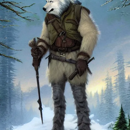 Prompt: furry anthropomorphic white wolf national park ranger renowned character illustration by greg rutkowski thomas kinkade masterpiece forest in background