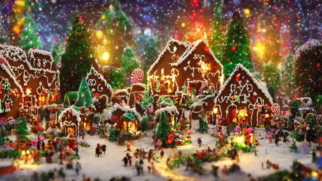 Image similar to gingerbread candy village, colorful, fantasy, fairytale, intricate, forest, fireflies, flowers, halloween, christmas, snow, hansel and gretel, bokeh, medium shot, visually stunning, depth of field 1 0 0 mm, cinematic scene, studio quality, unreal engine, octane render, trending on artstation, artgerm, cgsociety