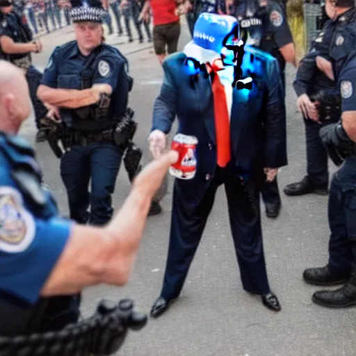 Image similar to donald trump handing a can of pepsi to a police officer during a riot