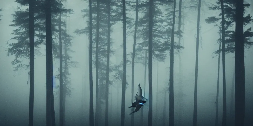 Prompt: a silouhette of a fish swimming in the air of a dark and gloomy forest, dreamscape, tall pine trees, foggy, gloomy