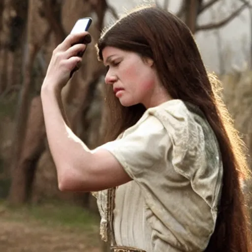 Prompt: scene from a 2 0 1 0 film set in 1 3 0 0 showing a woman checking her mobile phone