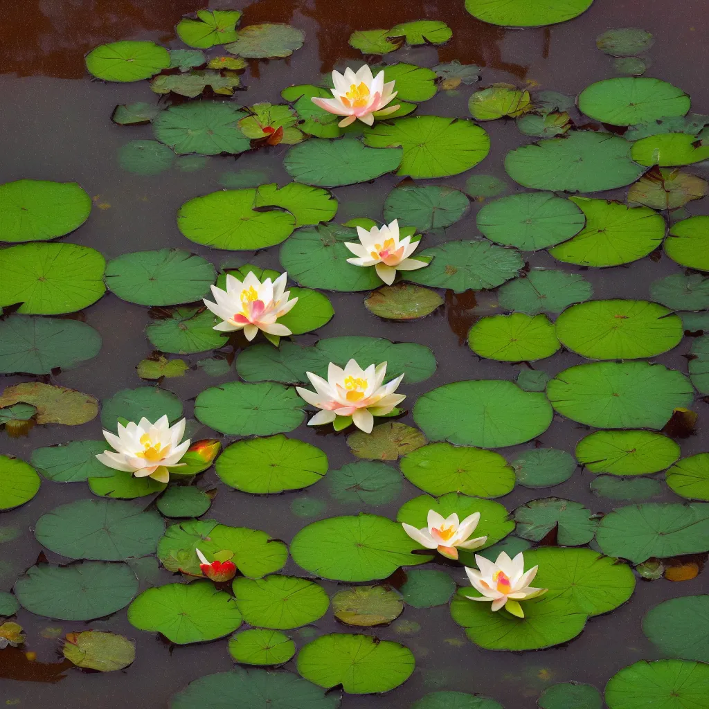 Prompt: a pond with lotus flowers and leaves through frosted glass with raindrops bears the words summer tales, photorealistic