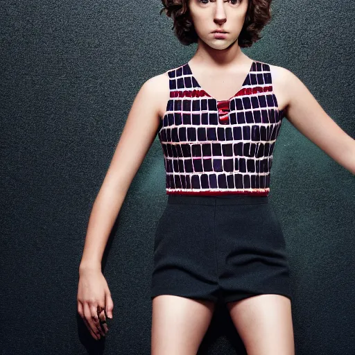 Prompt: Millie Bobby Brown, new Stranger Things Season, photograph, black background, swimsuit, posing, 4k photo, famous photograph