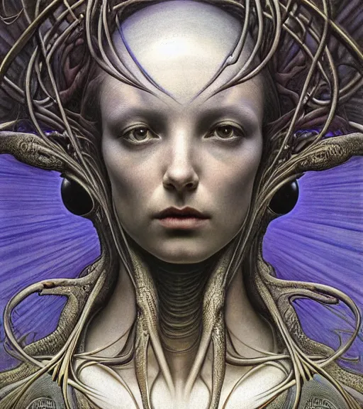 Image similar to detailed realistic beautiful young alien robot as queen of mars face portrait by jean delville, gustave dore and marco mazzoni, art nouveau, symbolist, visionary, gothic, pre - raphaelite. horizontal symmetry by zdzisław beksinski, iris van herpen, raymond swanland and alphonse mucha. highly detailed, hyper - real, beautiful