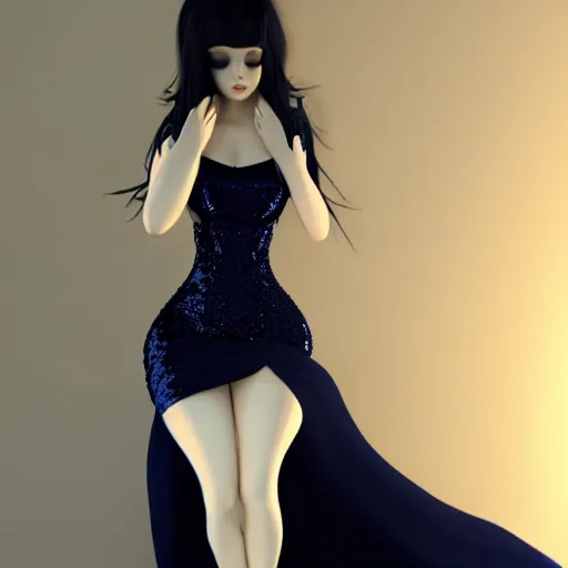 Image similar to a curvy feminine pale goth cutie with a thin waist in an elaborate tight sequined navy blue dress, cgsociety, photorealistic, sublime-comforting-elegant ambience, 16k, smooth, sharp focus, trending on ArtStation, volumetric lighting, fully clothed, worksafe