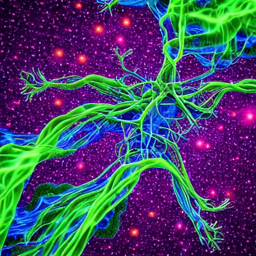 Image similar to the human nervous system in fantastic colours floating in space. digital art.