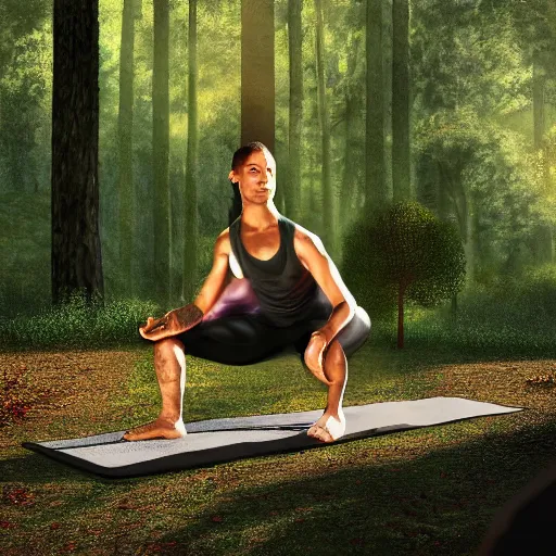 Image similar to lebron james doing yoga in the forest, high detail shot, smoking, render, cgsociety, photorealism