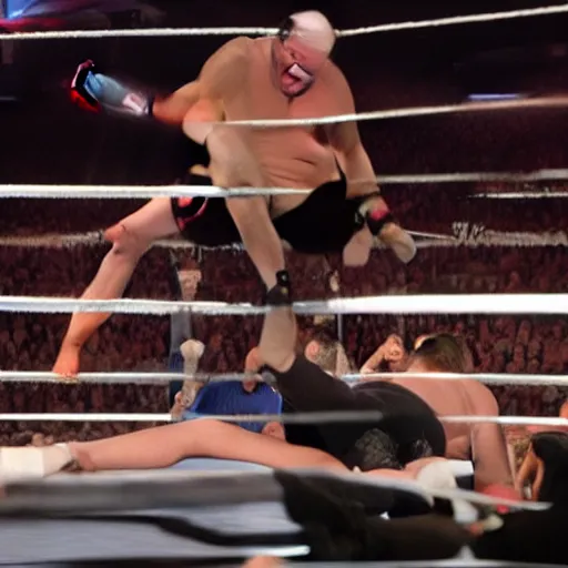 Prompt: Paul Heyman climbing into a wresting ring