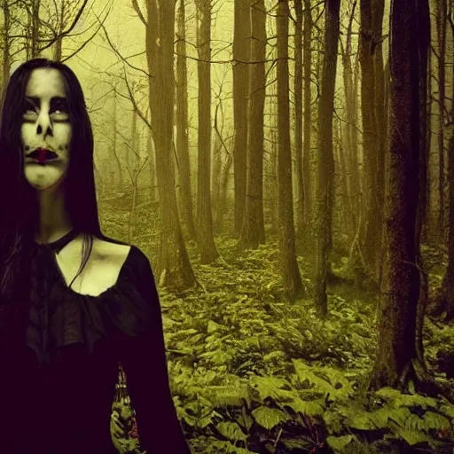 Prompt: found photo of a creepy beautiful witch woman with long hair floating in a forest, magical dark and spooky, flash photography