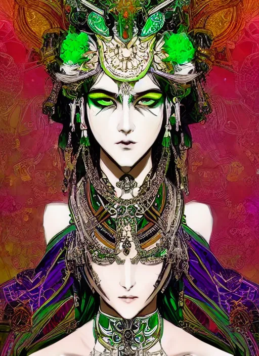 Prompt: Half body portrait of a beautiful high priestess in ornate white and green dress, vibrant colours, chosen by the god, ornate. In style of Yoji Shinkawa and Hyung-tae Kim, trending on ArtStation, dark fantasy, great composition, concept art, highly detailed, dynamic pose.