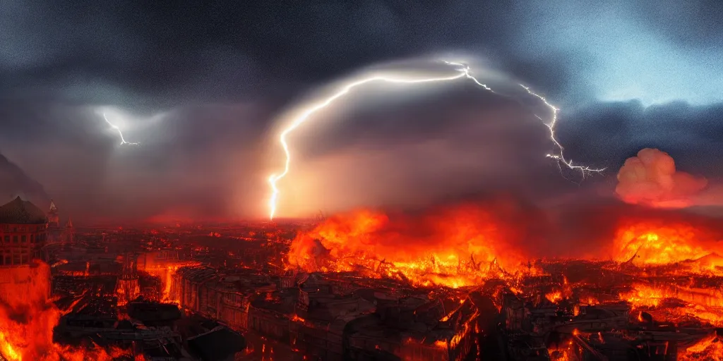 Prompt: a massive nuclear strike on Kremlin, nuclear mushroom, lots of fire, people are panicking, dark atmosphere, Kremlin towers are destroyed, cloudy weather, lightning, epic lighting, high detailed, 4k post-processing highly detailed, award winning photo