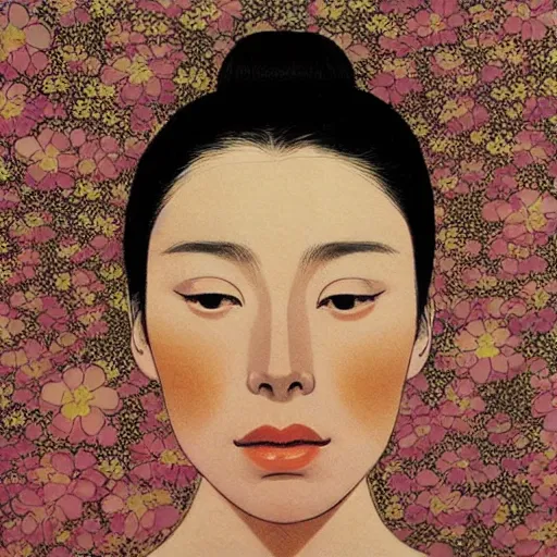 Image similar to “ jessica biel portrait by ikenaga yasunari and ayana otake and ko rakusui, 6 0 s poster, drawing, realistic, sharp focus, japanese, dreamy, nostalgia, faded, golden hues, floral clothes, porcelain skin ”