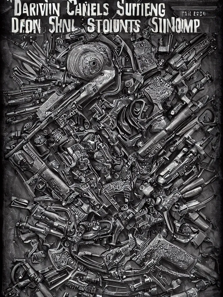 Image similar to carving in dark black steel of machine guns shotguns rifles revolvers bullets, dark vintage paperback cover, ultra-realistic, intricate details, 4k