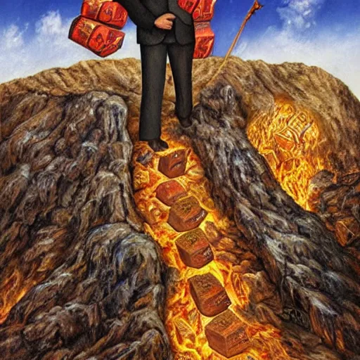 Prompt: Benjamin Netanyahu carrying sacks of money up a mountain in hell, by Michael Cheval