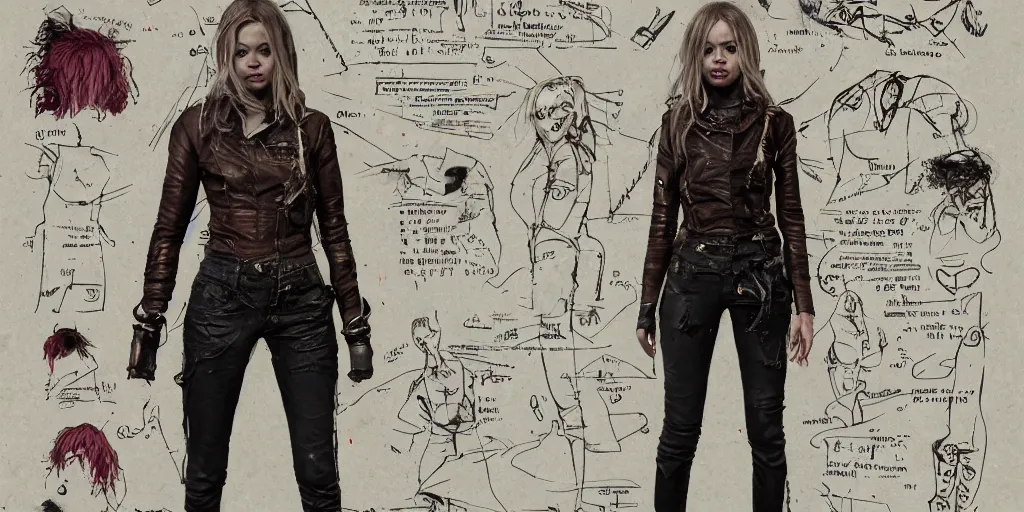Image similar to samara weaving as a wanderer with tattooed neck, wearing a scratched leather and ripped leather jeans, wearing an aviator outfit with a colorful stamp on its back, character sheet, fine details, props, concept design, contrast, kim jung gi, greg rutkowski, trending on artstation, 8 k, full body, turnaround, front, back, ultra wide angle