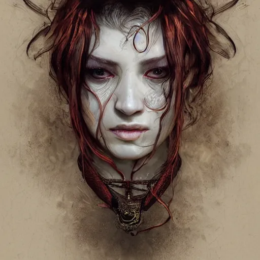 Image similar to portrait of a Shibari rope wrapped face and neck, headshot, insanely nice professional hair style, dramatic hair color, digital painting, of a old 13th century, traveler, amber jewels, baroque, ornate clothing, scifi, realistic, hyperdetailed, chiaroscuro, concept art, art by Franz Hals and Jon Foster and Ayami Kojima and Amano and Karol Bak,