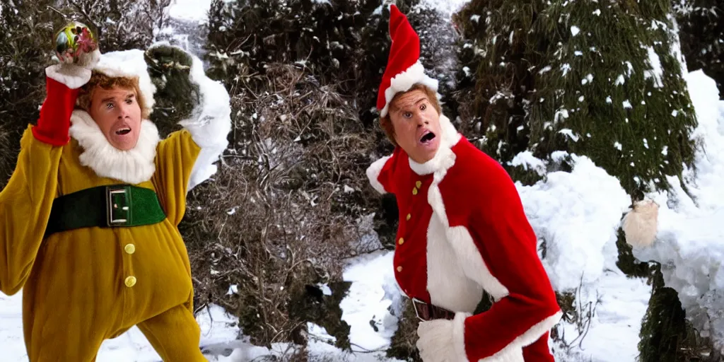 Image similar to ultra wide angle photo of will ferrel dressed as buddy the elf, from the movie elf, looking at himself in a bathroom mirror and seeing his reflection as bumble, the abominable snow monster from the north