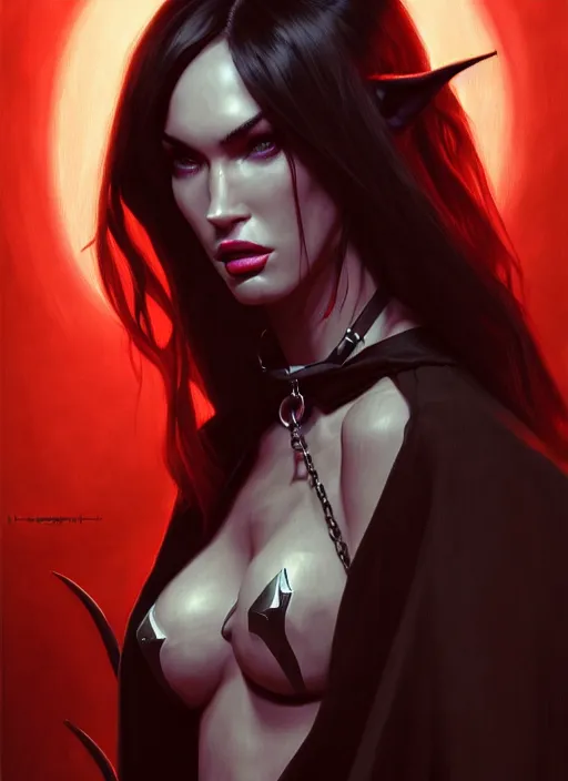 Image similar to portrait of megan fox as a evil demon with hornes, collar and leash, batwings, hell, dark, intricate, headshot, key visual, conceptart, ambient lighting, highly detailed, digital painting, artstation, concept art, sharp focus, by makoto shinkai and akihiko yoshida and greg manchess