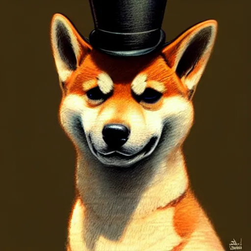 Image similar to full body portrait painting of a cute shiba inu gentleman with top hat, ultra realistic, concept art, intricate details, eerie, highly detailed, photorealistic, octane render, 8 k, unreal engine. art by artgerm and greg rutkowski and charlie bowater and magali villeneuve and alphonse mucha