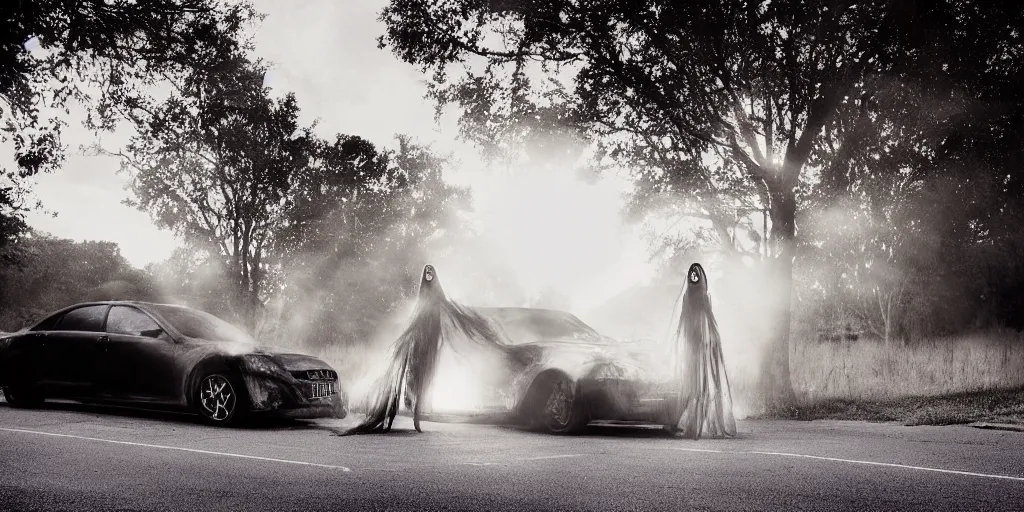 Prompt: a scary witch ghost next to an idle car, on the side of the road, the sun is setting, magic hour, ominous, scary, evil, photograph by Nick Knight