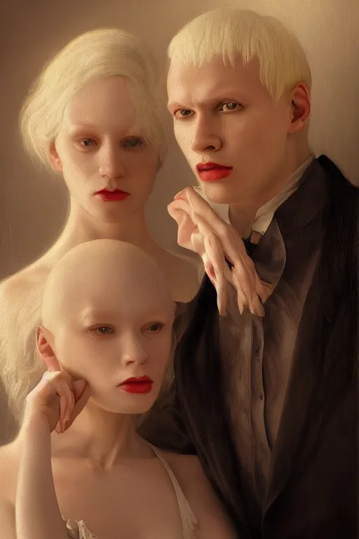 Image similar to a portrait of handsome young male albino Satan and his elegant beautiful albino wife, bored, illustration, dramatic lighting, soft details, painting oil on canvas, art nouveau, octane render, HDR, 4k, 8k, HD, by Edmund Blair Leighton, Brom, Charlie Bowater, trending on artstation, faces by Tom Bagshaw, Sargent