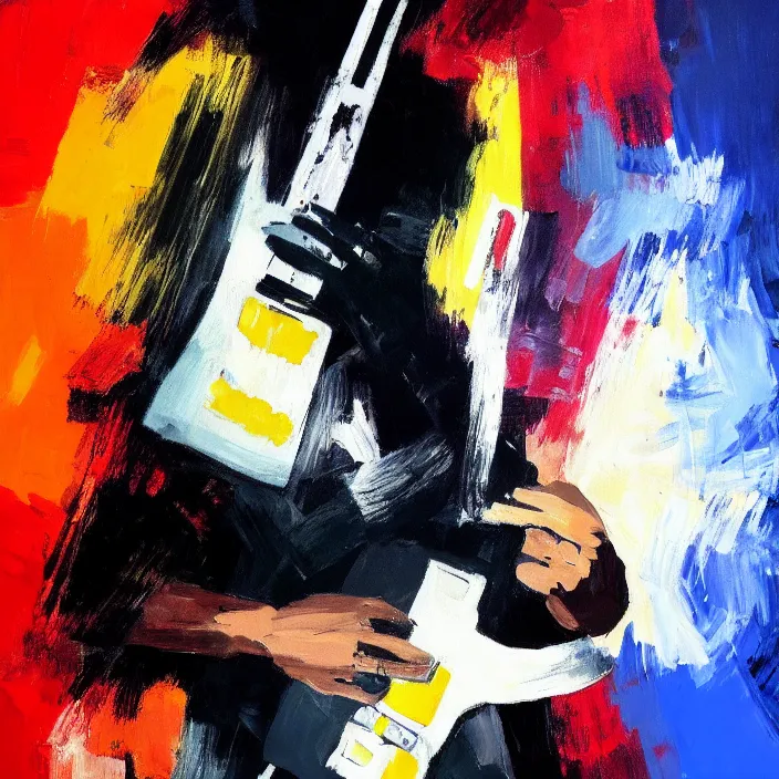 Prompt: large diagonal brush strokes, abstract dark painting of a young korean male musician wearing black tank top holding a telecaster!!! electric guitar!! in a dark room, thick flowing dramatic brush strokes, matte colors, abstract, impressionist, motion, trending on artstation