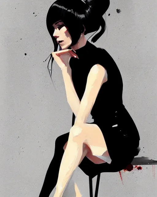 Image similar to a ultradetailed beautiful portrait panting of a stylish woman in a black dress sitting, by conrad roset, greg rutkowski and makoto shinkai trending on artstation