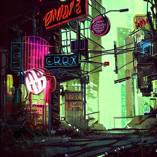 Image similar to overgrown cyberpunk city street, neon light, dark