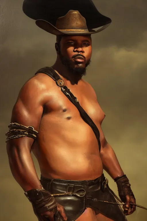 Prompt: a beautiful dramatic epic painting of a thicc black man | he is shirtless and wearing a cowboy hat and leather harness | prairie setting | homoerotic, highly detailed, dramatic lighting | by Mark Maggiori, by William Herbert Dunton, by Charles Marion Russell | trending on artstation