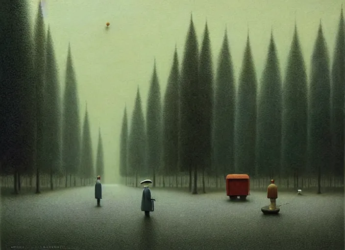 Image similar to surreal scenery, painting by quint buchholz and ray caesar, muted colors, gray, dull, boring, low energy, pale blue faces, very detailed, very coherent