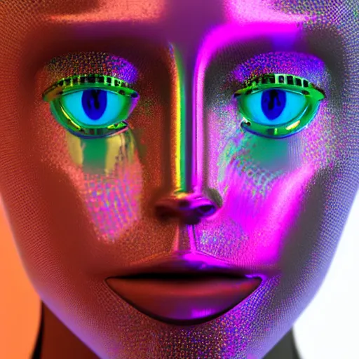 Image similar to 3d render of holographic human robotic head made of glossy iridescent, surrealistic 3d illustration of a human face non-binary, non binary model, 3d model human, cryengine, made of holographic texture, holographic material, holographic rainbow, concept of cyborg and artificial intelligence