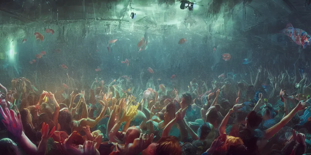 Image similar to Rave party moshpit underwater, ethereal atmosphere, realistic digital art 4K, high quality, Greg Rutkowski, Zabrocki, Karlkka, Jayison Devadas, Phuoc Quan, trending on Artstation, 8K, ultra wide angle, zenith view, pincushion lens effect