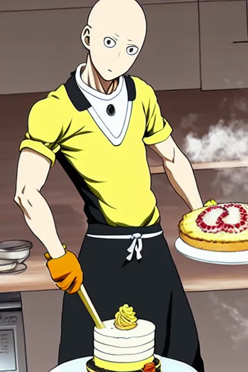 Prompt: chef saitama one punch man, dressed as a pastry chef, making a cake, detailed anime artwork