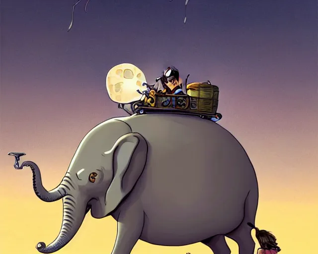 Image similar to a cell shaded cartoon tiny grey lovecraftian mechanized elephant from howl's moving castle ( 2 0 0 4 ), with a big head, on a desert road, wide shot, in front of a big moon, muted colors, post grunge, josan gonzales, wlop, by james jean, victor ngai, hq, deviantart, art by artgem