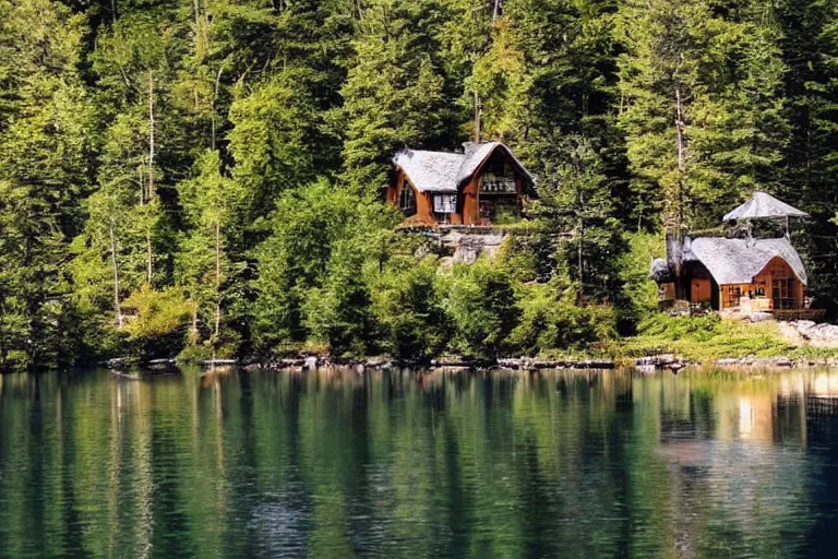 Image similar to cottage in the woods on a cliff beside a lake relax style