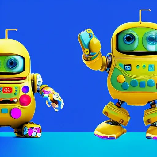 Image similar to two small chubby bots, hyperdetailed colourful graffiti, smooth panelling, intricate detail, holding a battery, single eye, cute, intricate arms, antenna, floating, white studio, cute mechanical toy, gameboy advanced, ambient light, in the style of pixar animation poster, pokedstudios, blender, octane render, 8 k,