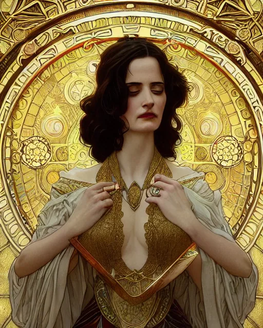 Image similar to eva green | highly detailed | very intricate | art nouveau | gold filigree | storybook illustration | soft cinematic lighting | award - winning | painted by mandy jurgens and alphonse mucha and alena aenami | pastel color palette | featured on artstation