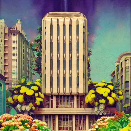 Prompt: painting of an art deco building surrounded by flowers, a watercolor and matte painting by beeple and rhads and mark keathley, wes anderson, cgsociety, artdeco!!, dystopian art, retrofuturism, sci - fi, artstation hq