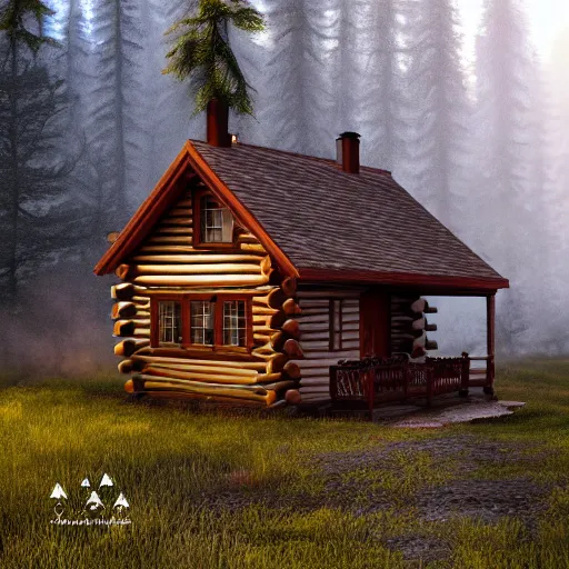 Prompt: photograph of small log cabin in a beautiful fantasy forest. smoke drifts from the chimney. extremely detailed. graflex camera. light beams, afternoon light, motes. trending on artstation.