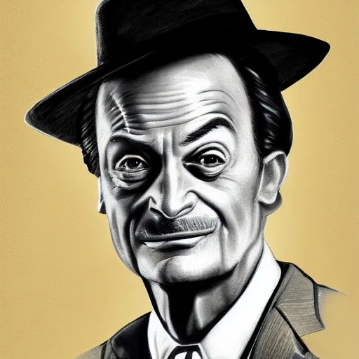 Prompt: hyper futuristic richard feynman with hat and moustache, portrait digital art 4 k masterpiece