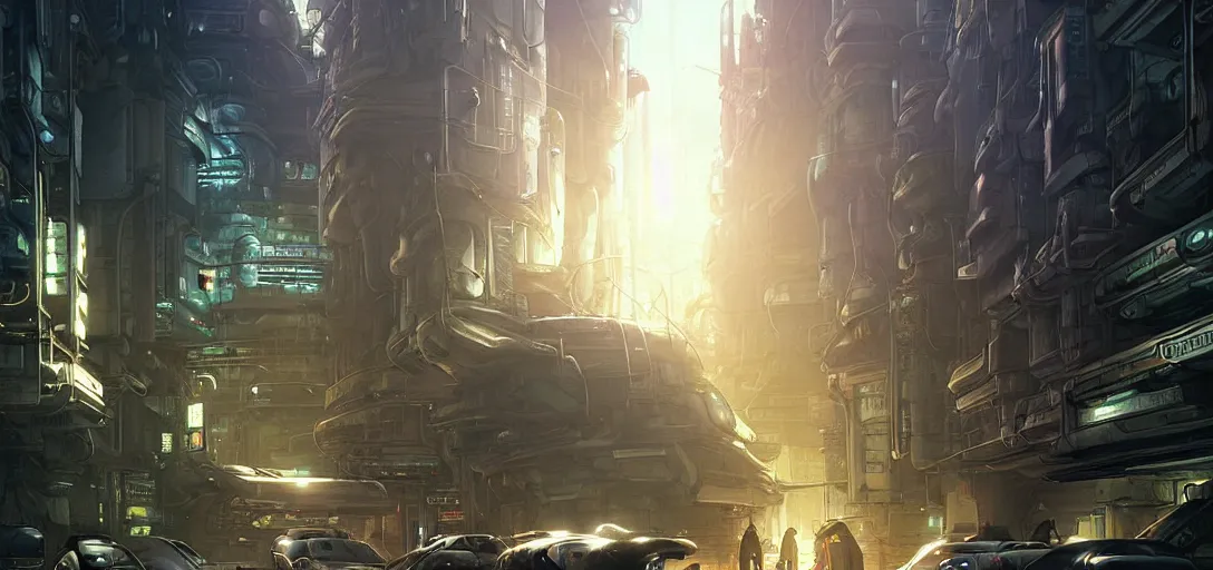 Image similar to futuristic street of a solarpunk alien city by taras shevchenko, extreme backlighting, sci fi, highly detailed, intrincate, digital painting, smooth, sharp focus, golden ratio, illustration, concept art, by stephen hickman and james gurney and hiromasa ogura ghost in the shell