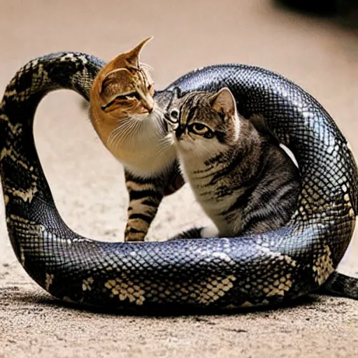 Image similar to a snake hugging a cat