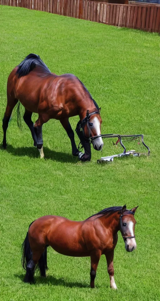 Prompt: horse mowing the lawn