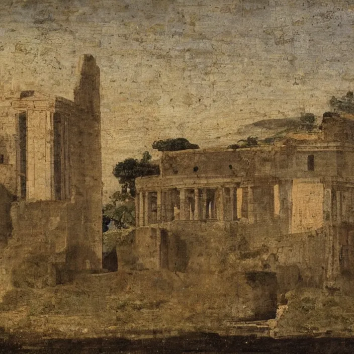 Image similar to a building in a serene landscape, ancient roman painting