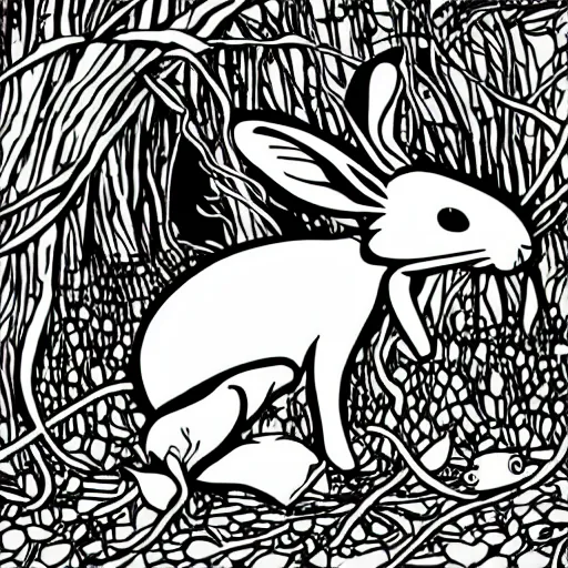 Prompt: black - and - white line art illustration of a playful, wry rabbit deep in a tangled forest, smoking a cigarette, with smoke rising, whimsical masterpiece