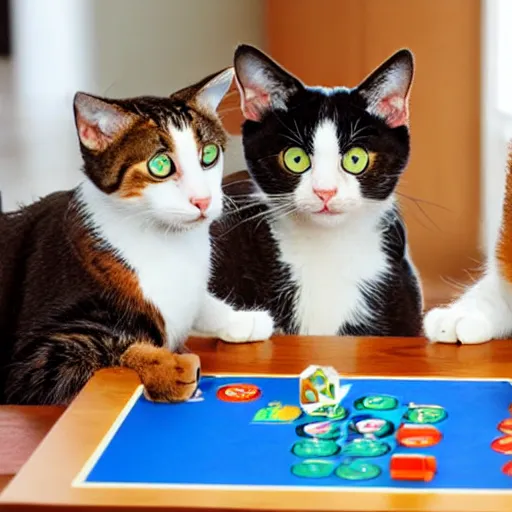 Image similar to Cats sitting at a table playing board games, detailed,